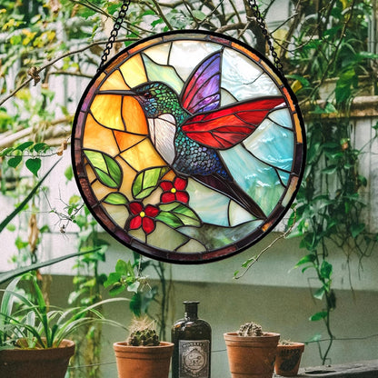 Stained Glass Window Hanging, Hummingbird Gifts Sun Catchers Diamond Glass Panel Hangings Birds Suncatcher Decor for Birthday for Women, Men, Wife, Aunt, and Mom 14.9x14.9 in