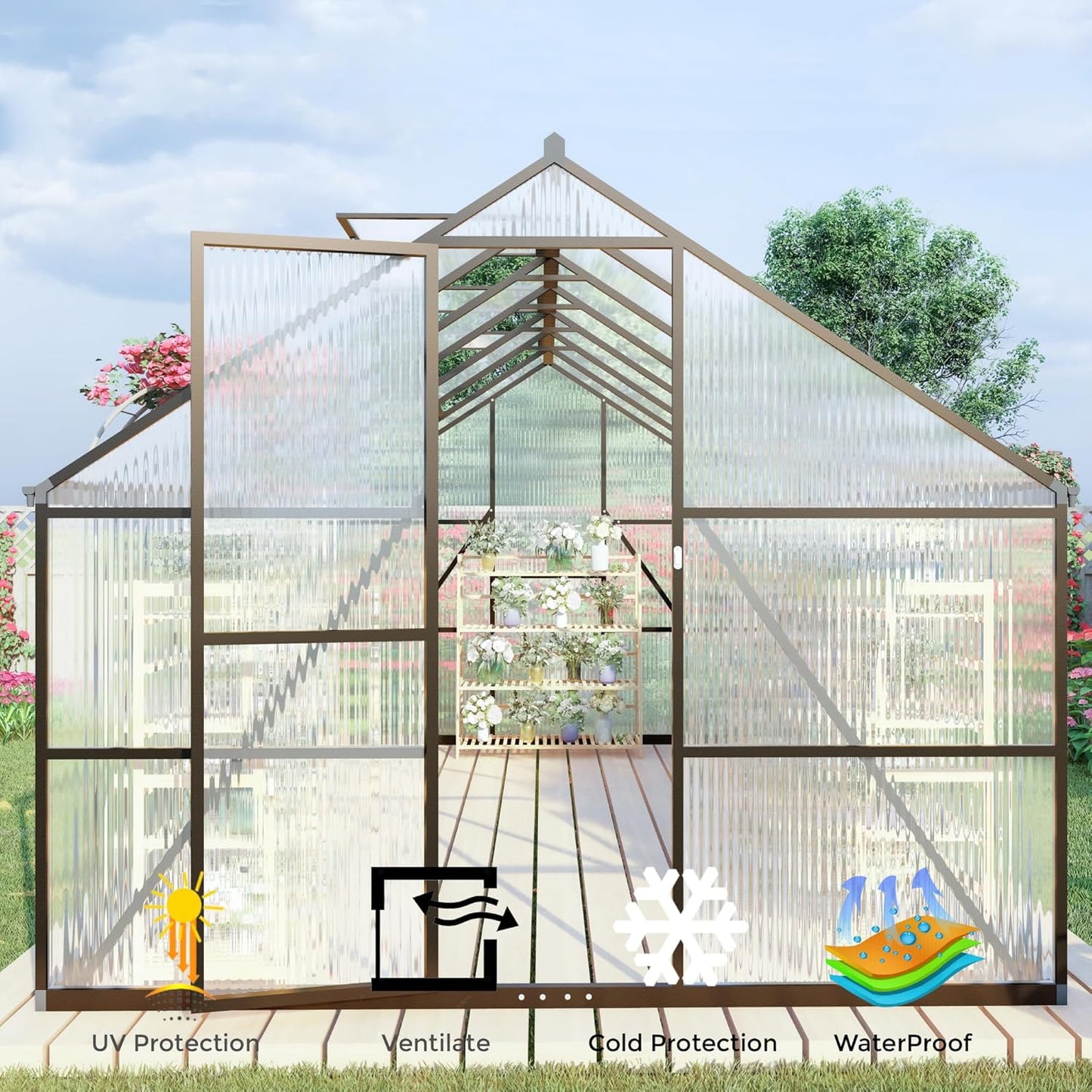 CQZY 8x10 FT Greenhouse for Outdoors, Polycarbonate Greenhouse with Quick Setup Structure and Roof Vent, Aluminum Large Walk-in Green House for Outside Garden Backyard,Dark Gray