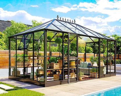 Jocisland 14x9.5x9 FT Polycarbonate Greenhouse with Clear Panels- 6 FT Wall Height Outdoor Aluminum Greenhouses with 2 Vents, Double Doors with Hook, Walk-in Greenhouse for Backyard Garden