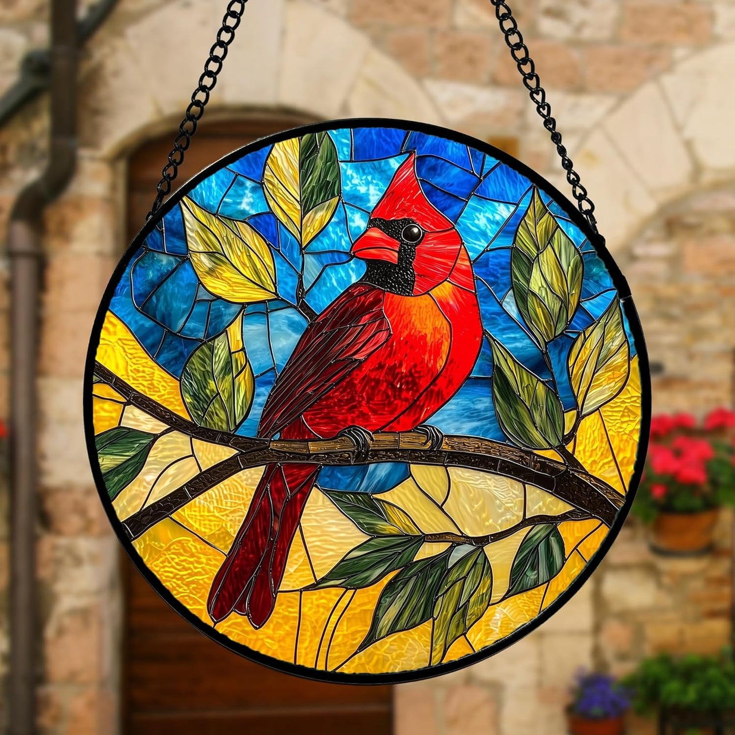 Stained Glass Window Hanging, Blue Sky Cardinal Sun Catchers Colorful Glass Panel Red Birds Suncatcher Decor for Birthday for Women, Men, Wife, Aunt, and Mom 7.8 in
