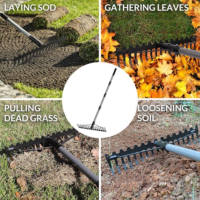 Walensee 5.4FT Bow Rake Heavy Duty Garden Rake with Stainless Steel Handle, 17 Steel Tines Garden Tool for Loosening Soil Gathering Leaf Leveling Lawn Farming Land Management Yarn Thatch Rakes