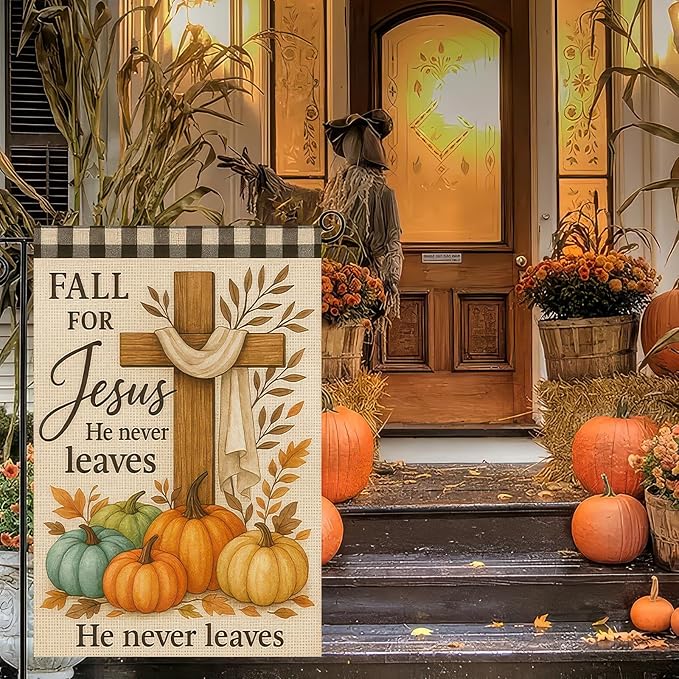 Thanksgiving Fall Garden Flag 12x18 Inch Fall for Jesus Outdoor Flag Double Sided Religious Cross and Pumpkin Yard Banner for Porch Lawn Patio Autumn Seasonal Decor