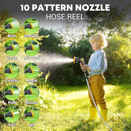 SILVEL 1/2 in x 110 FT Retractable Garden Hose Reel, UV Resistant Heavy Duty Automatic Hose Reel Wall Mount with 10 Pattern Nozzle, Any Length Lock & Slow Return System, 180°Swivel Bracket, Yellow