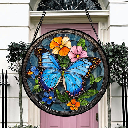 Stained Glass Window Hanging, Blue Butterfly Flower Suncatcher for Doors Home Sun Catchers Decoration and Christmas, Mother's Day Birthday Gifts for Women, Men, and Mom 11.8 in