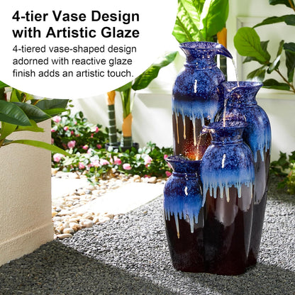 Glitzhome 30.75" H Vase Ceramic Outdoor Water Fountain with LED Lights and Pump, 4-Tier Cobalt Blue and Brown Reactive Glaze Cascading Pots Standing Fountain for Porch Deck Garden Patio Backyard