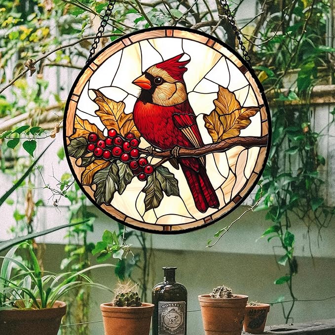Stained Glass Window Hanging, Birds on a Branch Cardinal Sun Catchers Diamond Glass Panel Hangings Suncatcher Decor for Birthday for Women, Men, Wife, Aunt, and Mom 14.9x14.9 in