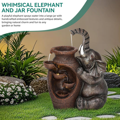 Elephant Outdoor Water Fountain with LED Lights and Pump, 18.9" Tall Resin Garden Waterfall Feature for Patio, Porch, Yard