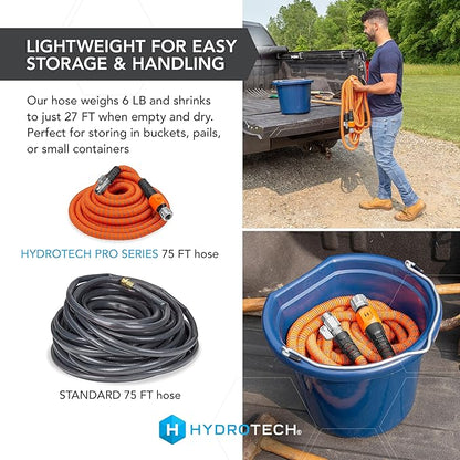 HydroTech 75 ft Expandable Garden Hose - Pro Series, 2x Max Flow, 3/4" No-Kink Flexibility, Lightweight Hose for Lawn, Garden, Car Washing, Deck and Patio Cleaning