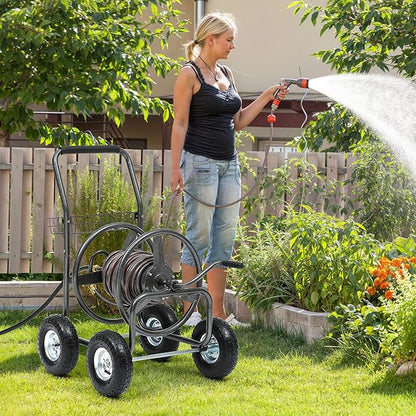 Garden Water Hose Reel Cart - 250 ft. Capacity, 10" Pneumatic Tires, Powder-Coated Steel Frame for Tangle-Free Garden Hose Storage