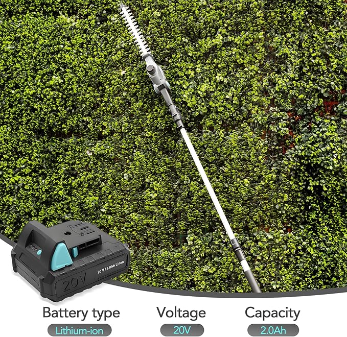 20V Cordless Telescopic Pole Hedge Trimmer Long Reach Extendable Hedge Cutter - 1x 2.0AH Battery, Shoulder Strap, Fast Charger - for Hedges, Branches