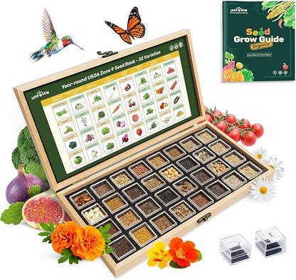 Lush&Dew Year-Round USDA Zone 9 Seed Bank, Gift for Mom Dad, 32 Varieties Non-GMO Heirloom Seeds of Vegetables, Herbs Gardening Gifts for Women Men, Survival Kit for Raised Garden Bed, Greenhouse