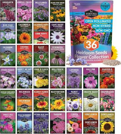 36 Variety Flower & Wildflower Seeds Garden Kit | Annual & Perennial Pollinator Mix with Cut Flowers for Bees, Butterflies & Bouquets | Non-GMO Heirloom Starter Pack – Survival Garden Seeds