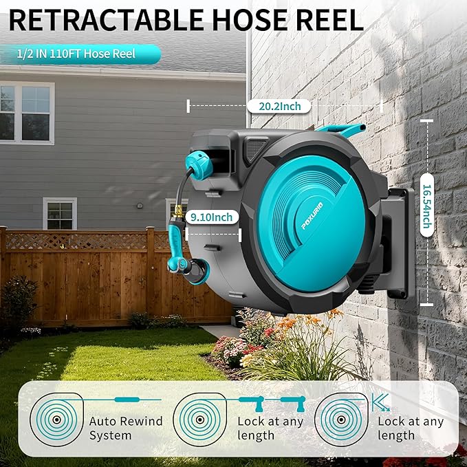 1/2" 110FT Retractable Garden Hose Reel, Wall Mounted Automatic Hose Reel with Upgraded 10 Pattern Nozzle/Any Length Lock/Slow Return System/180°Swivel Bracket, AquaBlue