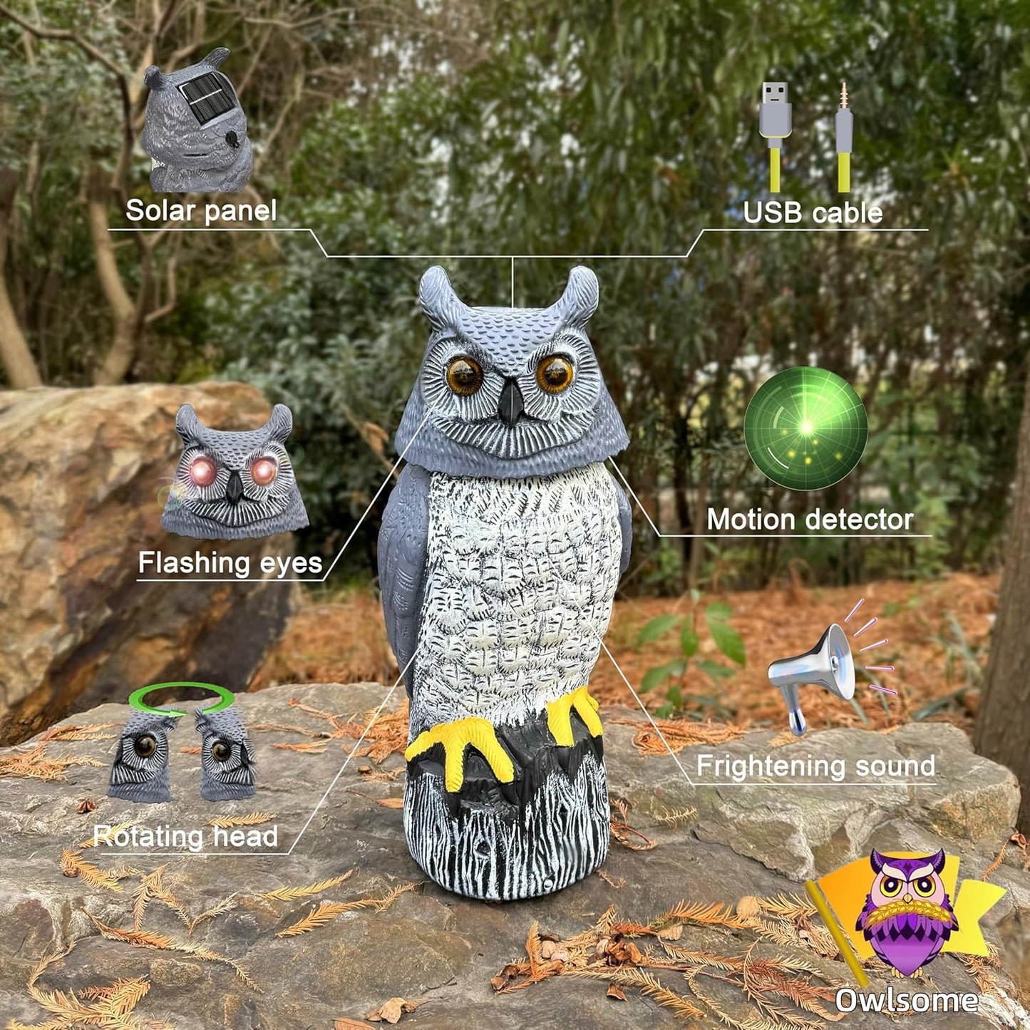Owlsome Solar Owl with Colored Flashing Eyes, Rotating Head, Hoot Sound, Motion Detector and Silent Mode, Plastic Owl Garden Sculpture, Garden Decoration