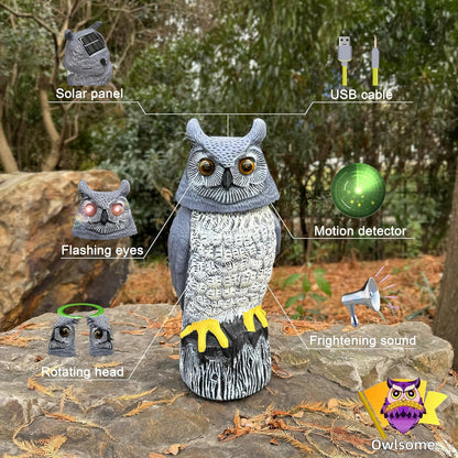 Owlsome Solar Owl with Colored Flashing Eyes, Rotating Head, Hoot Sound, Motion Detector and Silent Mode, Plastic Owl Garden Sculpture, Garden Decoration