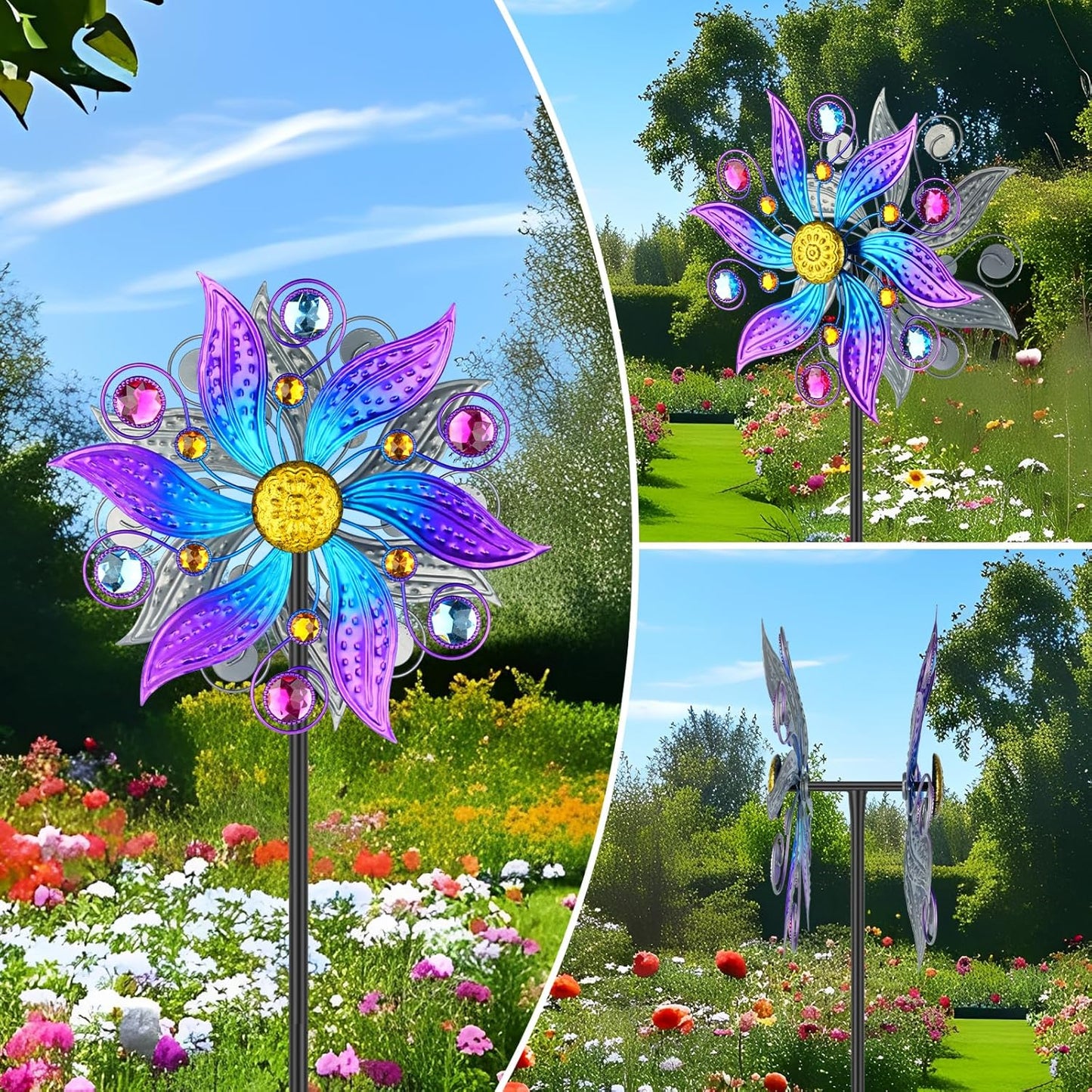 Metal Wind Spinner Outdoor, Purple Flowers Wind Sculpture Spinners with Metal Stake, Yard Art Decor for Patio, Lawn & Garden, Creative Gifts 57.5 * 13.3 Inch