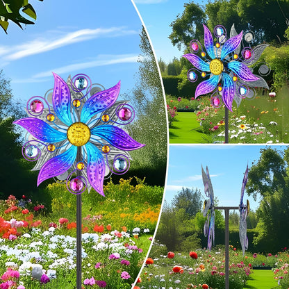 Metal Wind Spinner Outdoor, Purple Flowers Wind Sculpture Spinners with Metal Stake, Yard Art Decor for Patio, Lawn & Garden, Creative Gifts 57.5 * 13.3 Inch
