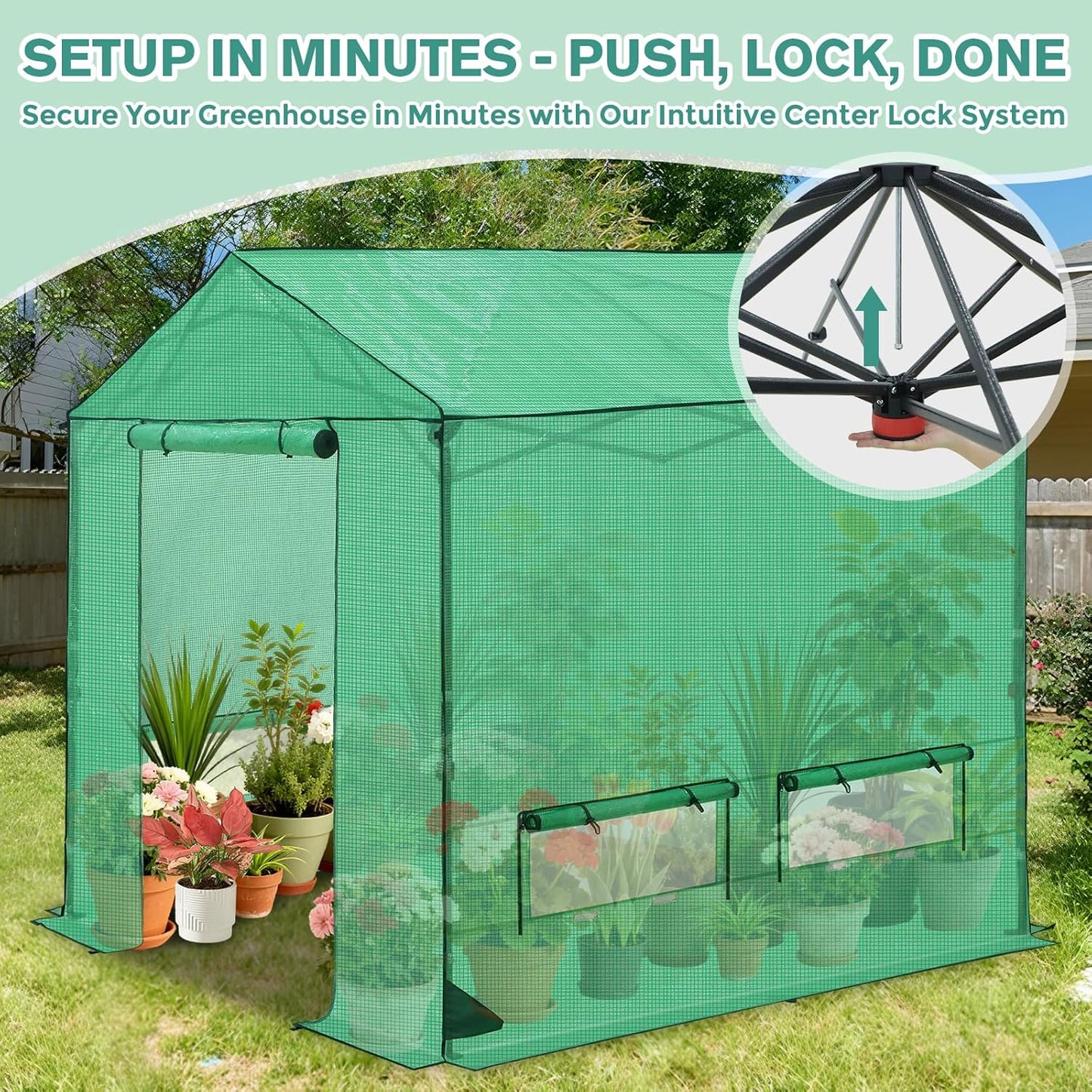 COOS BAY 8x8 FT Portable Walk-in Greenhouse, Pop up Outdoor Green House with Power Access Openings, Zippered Doors & Windows, Durable PE Cover, Green