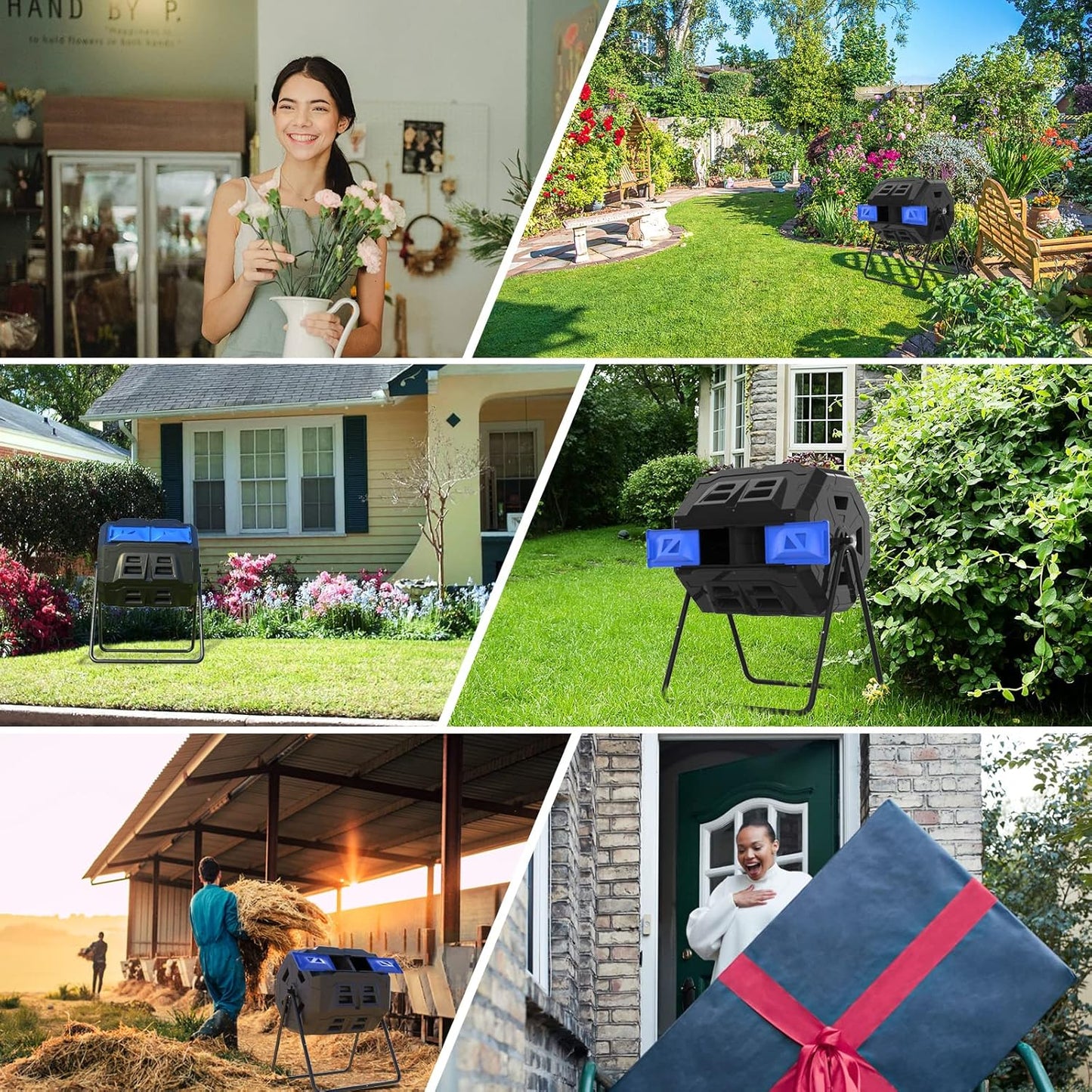 SQUEEZE master Large Compost Tumbler Bin - Outdoor Garden Rotating with Thermometer -Automatic Temperature Measurement-Sturdy Steel Frame - 43Gallon (2-21.5Gal)- Blue Door