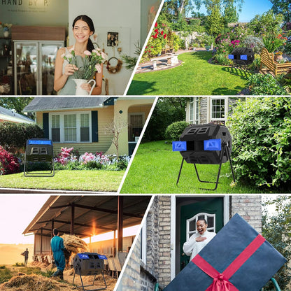 SQUEEZE master Large Compost Tumbler Bin - Outdoor Garden Rotating with Thermometer -Automatic Temperature Measurement-Sturdy Steel Frame - 43Gallon (2-21.5Gal)- Blue Door