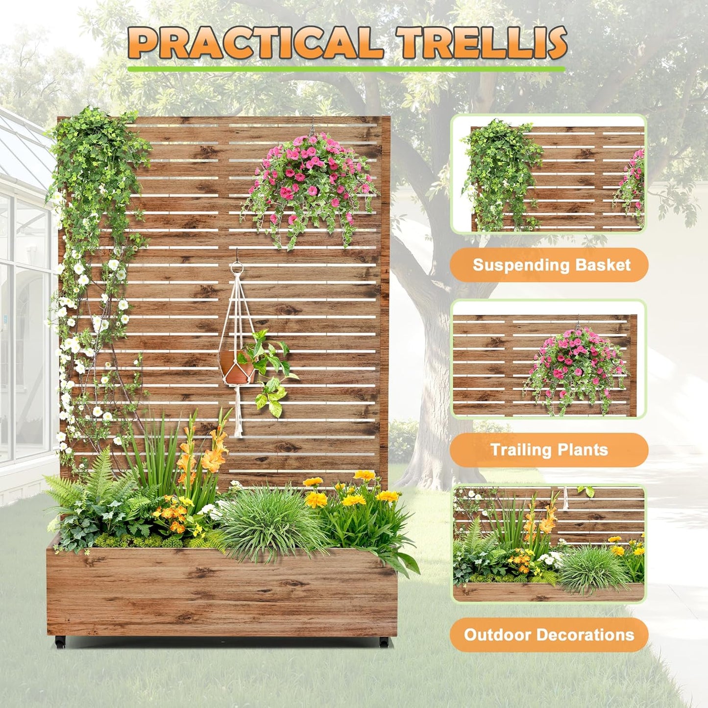 Metal Raised Garden Bed with Trellis, 2-in-1 Planter Box & Privacy Screen for Climbing Plants, Outdoor Standing Flower Bed with Drainage Holes, 47.2" L x 16.7" W x 70.8" H, Natural Wood Grain