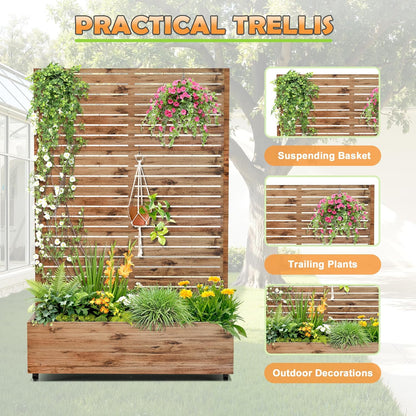 Metal Raised Garden Bed with Trellis, 2-in-1 Planter Box & Privacy Screen for Climbing Plants, Outdoor Standing Flower Bed with Drainage Holes, 47.2" L x 16.7" W x 70.8" H, Natural Wood Grain