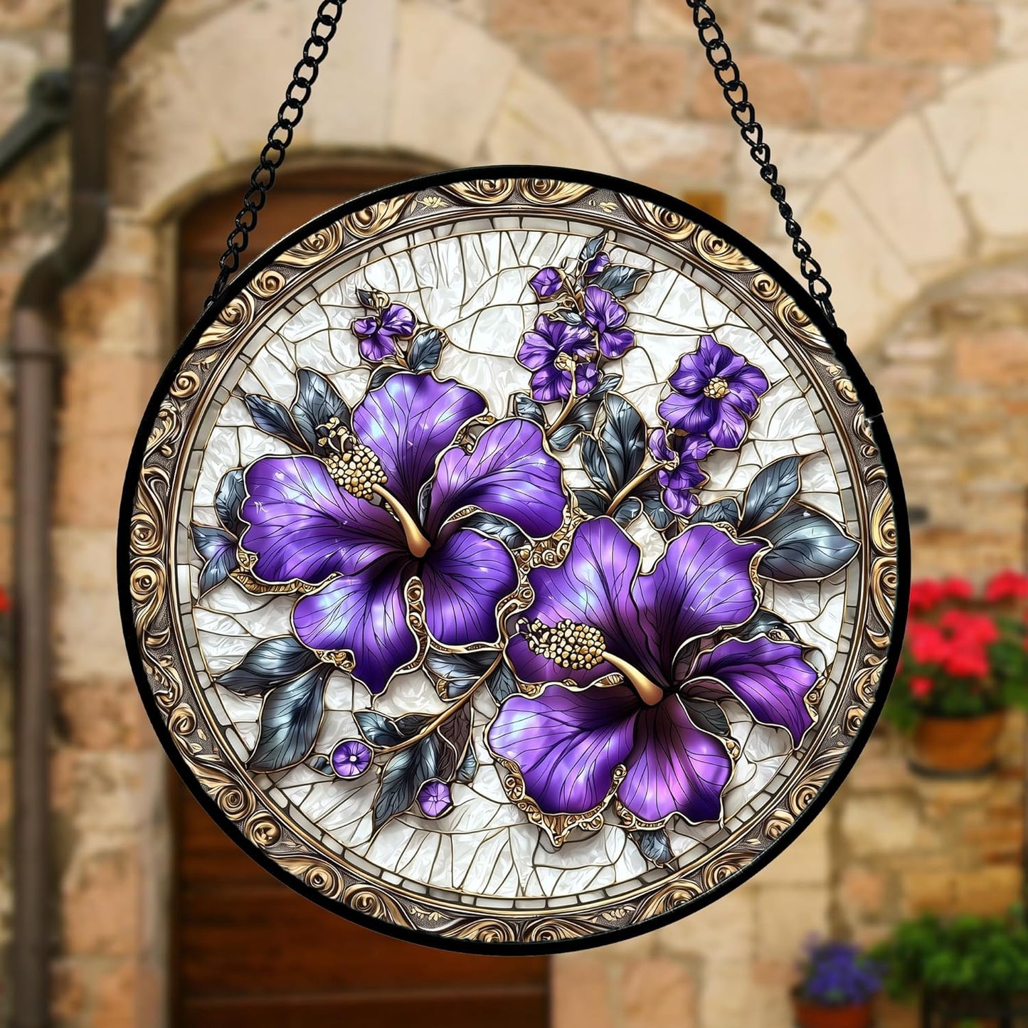 Stained Glass Window Hanging, Purple Flowers Romantic Suncatcher for Doors Home Sun Catchers Decoration and Christmas, Mother's Day Birthday Gifts for Women, Men, and Mom 7.8 in
