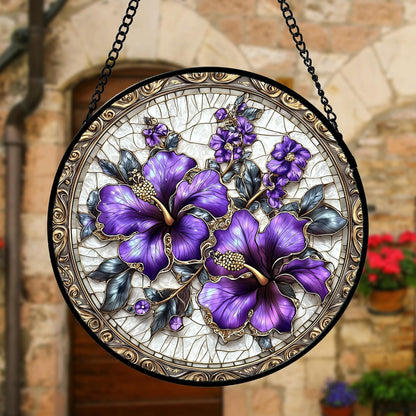 Stained Glass Window Hanging, Purple Flowers Romantic Suncatcher for Doors Home Sun Catchers Decoration and Christmas, Mother's Day Birthday Gifts for Women, Men, and Mom 7.8 in