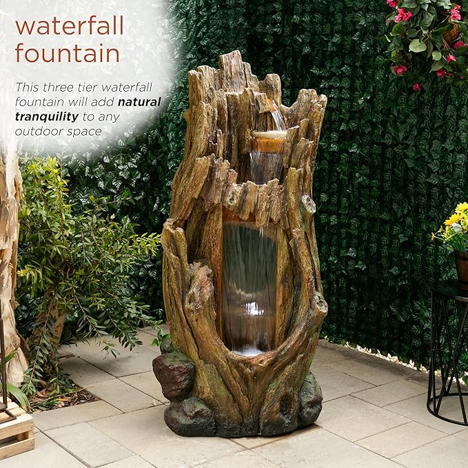 Alpine Corporation TZL338 Outdoor 3 Tier Waterfall Tree Trunk Floor Fountain with LED Lights for Patio, and Lawn Decor, 59 Inches Tall