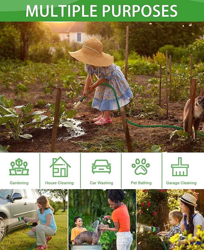 50 ft Garden Hose – 2025 New Expandable Garden Hose with 10-Function Spray Gun, Pure Brass 3/4” Fittings – Lightweight, Durable, and Kink-Free, 50ft Retractable Water Hoses for Gardening(Green Black)