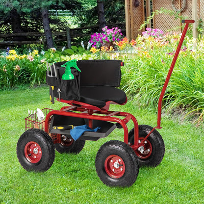 Goplus Rolling Garden Seat with Wheels, Outdoor Garden Cart with 360° Swivel Seat & Tool Storage, 2 Steering Handles, Gardening Stool Wagon Scooter, Lawn, Patio Gardening Workseat for Seniors