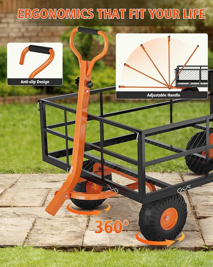 Versatile Garden Cart for Lawn and Yard with Heavy Duty Steel, 1200 Lbs Capacity Mesh Steel Garden Cart Folding Utility Wagon with Removable Side Panels, Long Handle, 10" Tires - Black and Orange