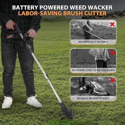 21V Electric Weed Eater, Cordless Brush Cutter Trimmer with Adjustable Pole & Battery-Powered, Lightweight & Low Noise, Foldable 3-in-1 Weed Wacker for Outdoor, Garden and Yard Use