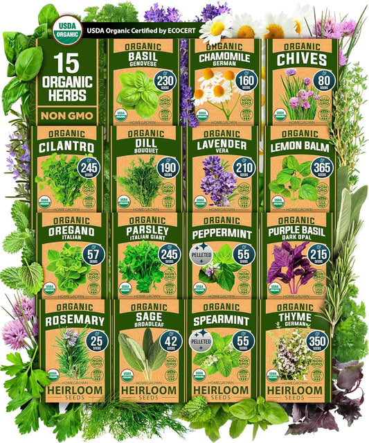 HOME GROWN 𝗢𝗥𝗚𝗔𝗡𝗜𝗖 15 Herb Seeds Variety Pack 2,500+ 𝗡𝗢𝗡-𝗚𝗠𝗢 𝗨𝗦𝗔 High-Germinating Heirloom Seeds for Planting Indoor Outdoor Herb Garden Hydroponics Garden Seeds, Basil Cilantro & More
