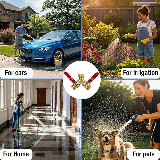 Premium 2 Way Brass Hose Splitter 3/4" Heavy Duty Leakproof Y Valve Garden Faucet Spigot Splitter Easy Long Handles With Extra Fittings and Teflon
