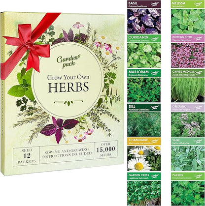Grow Your Own Herbs Garden Kit - 12 Herb Seeds Variety Pack - Basil, Mint, Rosemary Seeds & More Packets in a Box with Growing Manual by Garden Pack