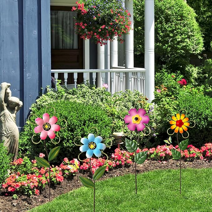 Metal Flowers for Outside, 15.85" 4-Pack Decorative Garden Stakes for Spring Garden Decor, Shaking Head Yard Art Decorations for Patio Porch Lawn Ornaments