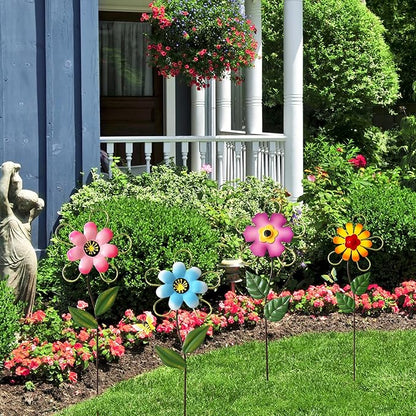 Metal Flowers for Outside, 15.85" 4-Pack Decorative Garden Stakes for Spring Garden Decor, Shaking Head Yard Art Decorations for Patio Porch Lawn Ornaments