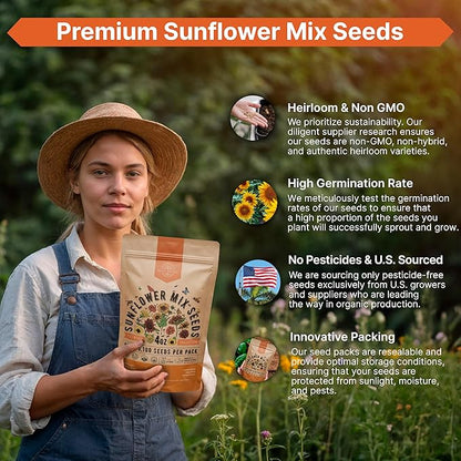 Sunflower Mix Seeds Pack 4 oz - Over 5,100 Non-GMO Heirloom Sunflower Seeds for Planting, Annual Flowers in Individual Seed Packet for Planting Home Garden Indoor & Outdoor Gardening