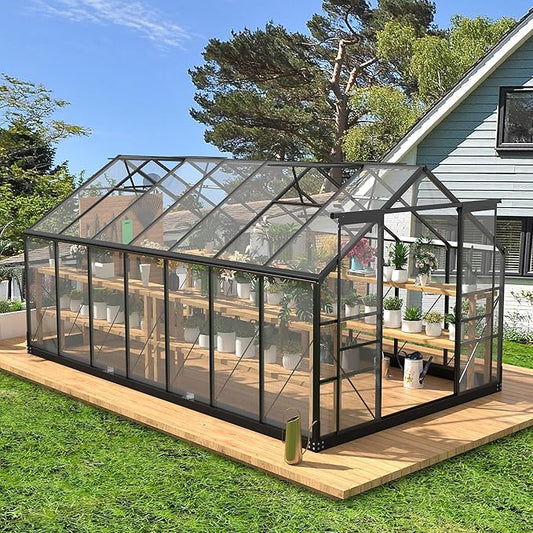 Greenhouses for Outdoors, 8x14.2 FT Polycarbonate Greenhouses with Adjustable Roof Vent, Windproof, Walk-in Aluminum Frame Green Houses for Outside with Sliding Doors, Garden(8x14.2FT)