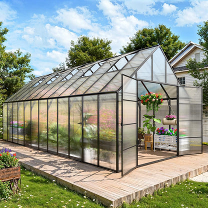 CDCASA 10x24 FT Greenhouse for Outdoors,Large Easy Assembly Thicker Aluminum Polycarbonate Greenhouses with 5 Windows, Double Door,Outside Walk-in Green House for Patio, Backyard,Garden