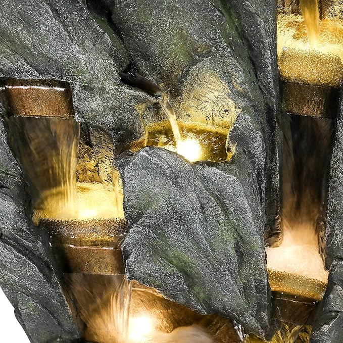 SunJet Outdoor Rockery Water Fountain with LED Lights - 51" Tall Resin Cascading Fountains and Waterfalls Feature for Patio, Yard, Garden Decor, Featuring Realistic Natural Stone Look