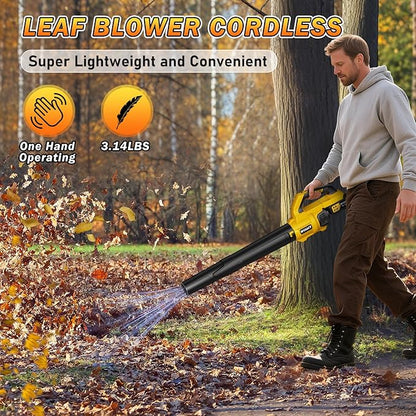 RYAHT Leaf Blower Cordless, 21V Powerful Electric Leaf Blower with 2 X 4.0Ah Batteries and Charger, 2 Speed Modes, Handheld Lightweight Leaf Blowers for Lawn Care, Patio, Dust, Blowing Leaves, Yellow