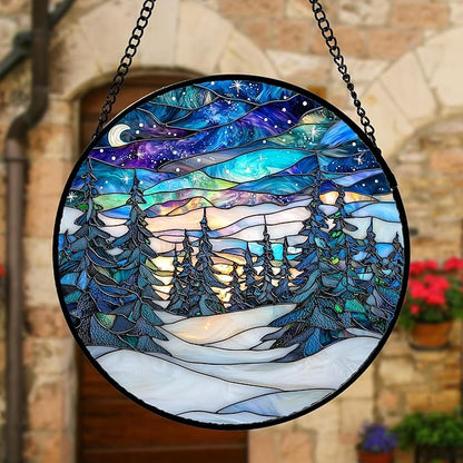 Stained Glass Window Hanging, Starry Sky Trees and Snow Sun Catchers Glass Panel Blue Suncatcher Decor for Birthday for Women, Men, Wife, Aunt, and Mom 6.3 in