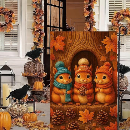 Thanksgiving Fall Garden Flag 12x18 Inch Welcome Squirrels Flag Double Sided Outdoor Autumn Yard Banner with Pinecones and Leaves for Porch Lawn Patio Seasonal Decor