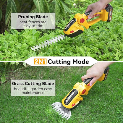 Hedge Trimmer Cordless, TOOVEM 2 in 1 Handheld Cordless Grass Shear with 2 Pcs Rechargeable Batterys and Charger, 24V Electric Weed Grass Cutter Shrubbery Trimmer for Garden, Lawn (Yellow)
