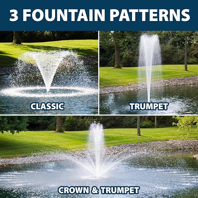 Airmax PondSeries Floating Fountain for Pond & Lake, Water Cooled Motor with 3 Spray Pattern Nozzles for Surface Aeration, 1/2 HP, 115 Volt, 100' Power Cord