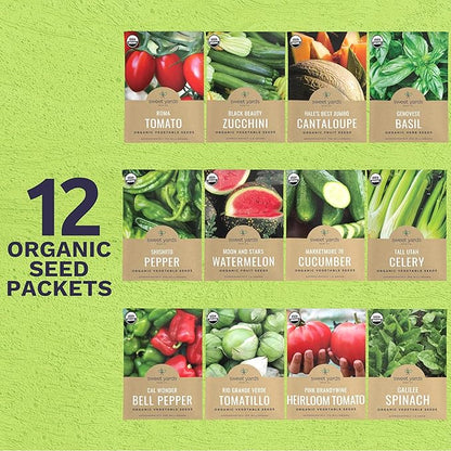 Organic Summer Seeds Variety Pack - 12 Individual Packs - 2025 Season - Basil, Tomatoes, Cucumber, Watermelon and More! for Indoor & Outdoor Planting (Non-GMO, Certified Organic)