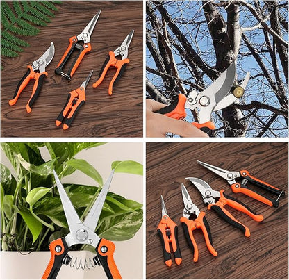 5 pack Garden Pruning Shears Stainless Steel Blades, Handheld Scissors Set with Gardening Gloves,Heavy Duty Garden Bypass Pruning Shears,Tree Trimmers Secateurs, Hand Pruner (Orange)