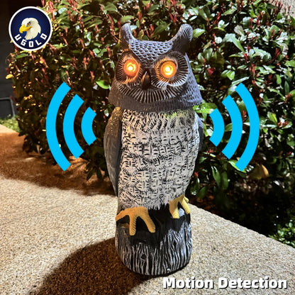 Solar Powered Garden Owl with Motion Detection, Rotating Head, Realistic Hoots and Silent Mode, Outdoor Statue and Sculpture, Owl Decoration for Home, Garden, Patio and Lawn